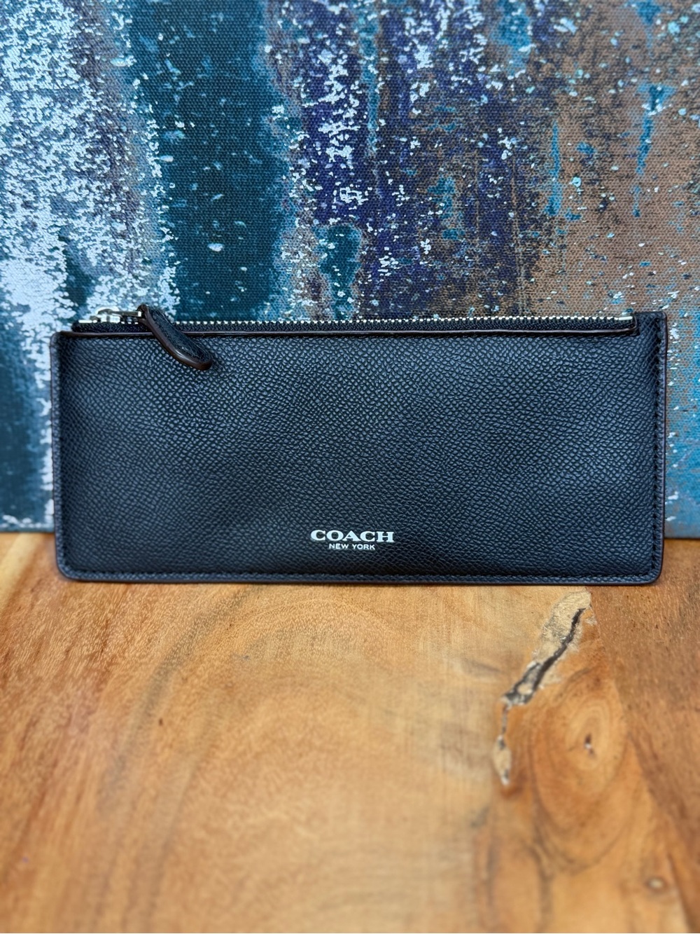 Coach Minimalist 2010s Black Leather Slim Zip Wallet Pouch EUC